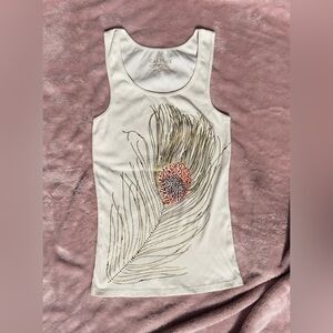 Cacique Rhinestone Peacock Feather Tank Top | Cream Sparkly Summer Layering